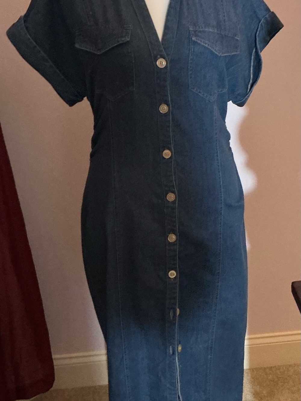 INC International Concepts Dark Blue Denim Midi Button-Front Dress